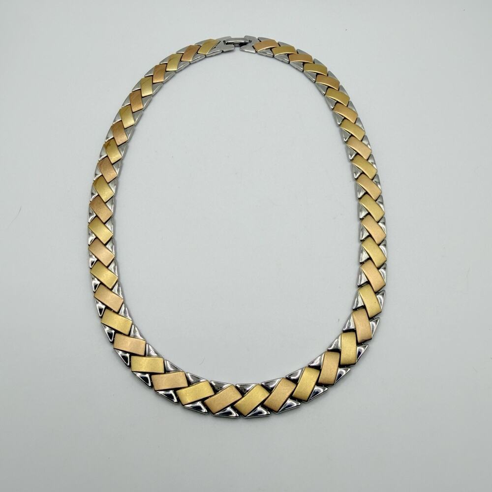 Stainless Steel Tri-color Necklace 16” Choker Style Silver Chunky Jewelry